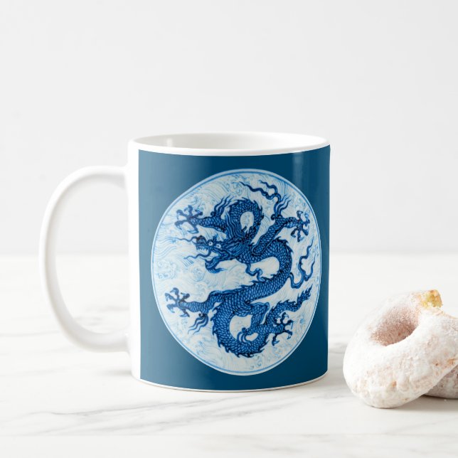 Chinese Dragon, Indigo Blue and White Coffee Mug (With Donut)