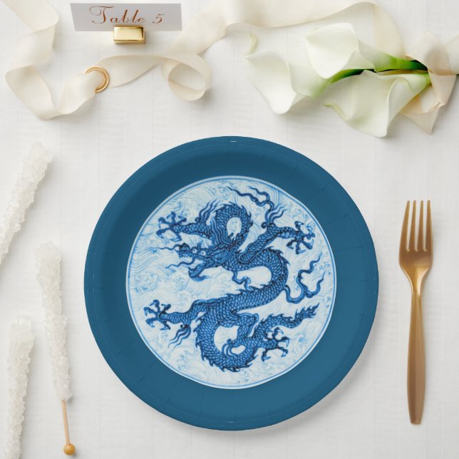 Chinese Dragon, Indigo Blue and White  Paper Plate (Wedding)