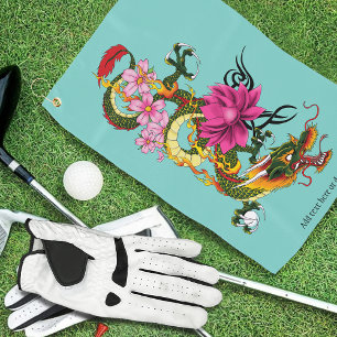 Chinese Dragon Lotus Cherry Blossoms Golf Towel