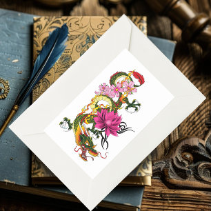 Chinese Dragon Lotus Cherry Blossoms Rectangular Sticker