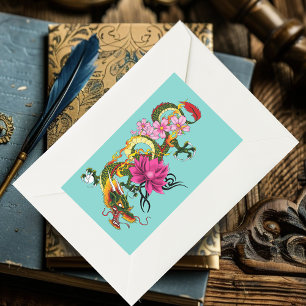 Chinese Dragon Lotus Cherry Blossoms Rectangular Sticker
