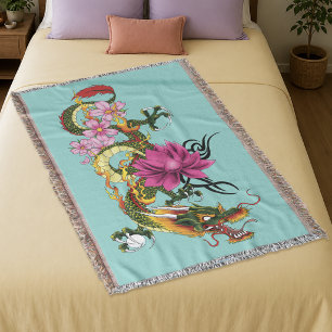 Chinese Dragon Lotus Cherry Blossoms Throw Blanket