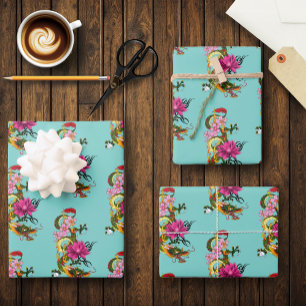 Chinese Dragon Lotus Flower Cherry Blossoms  Wrapping Paper Sheet