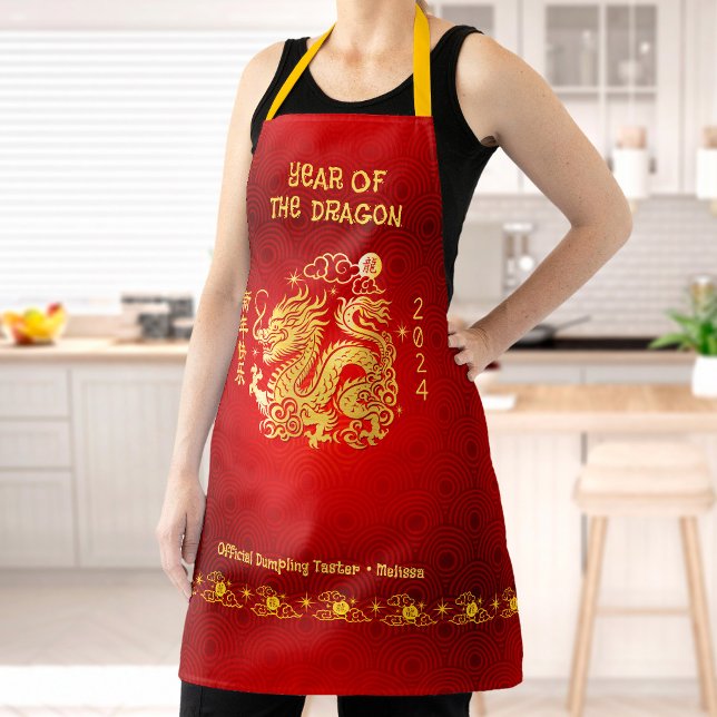 Chinese Dragon Lunar New Year 2024 Gold Foil Red Apron (LINK FOR 2025 YEAR OF THE SNAKE: https://www.zazzle.com/collections/119316095761799932)