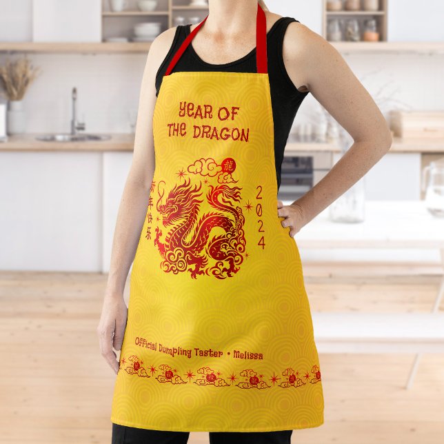 Chinese Dragon Lunar New Year 2024 Red Foil Yellow Apron (LINK FOR 2025 YEAR OF THE SNAKE: https://www.zazzle.com/collections/119316095761799932)