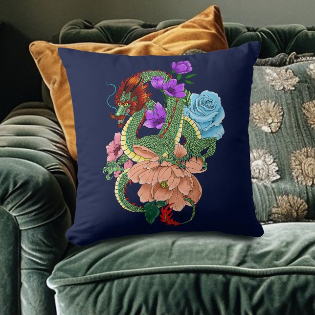 Chinese Dragon Navy Blue Flowers Cushion (Creator Uploaded)