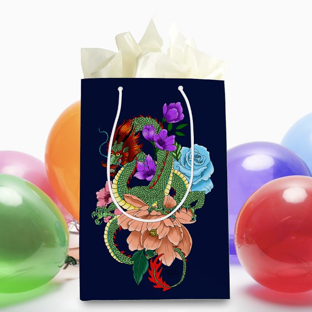 Chinese Dragon Navy Blue Flowers Medium Gift Bag (Creator Uploaded)