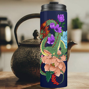 Chinese Dragon Navy Blue Flowers Thermal Tumbler