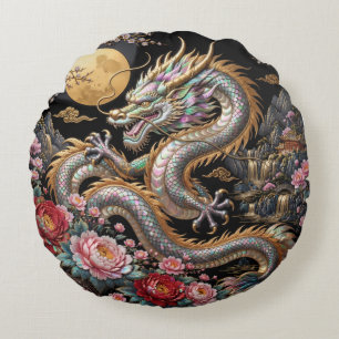 Chinese Dragon with Full Moon and Peonies – Mother Round Cushion