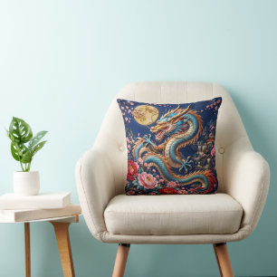 Chinese Dragon with Full Moon and Peonies – Silk E Cushion