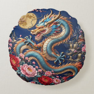 Chinese Dragon with Full Moon and Peonies – Silk E Round Cushion