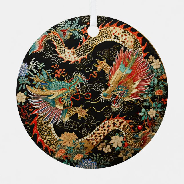 Chinese Dragons and Flowers Metal Tree Decoration (Front)