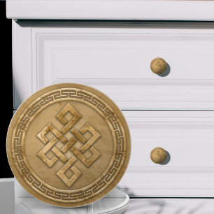 Chinese Endless Knot Red and Gold Ceramic Knob