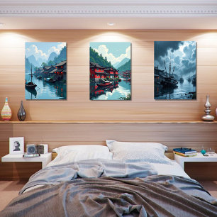 Chinese Fishing Village Oriental Print Set of 3