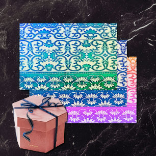 Chinese floral in blue -green -tropical colours wrapping paper sheet