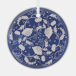Chinese Floral Round: Blue Watercolor Vintage Glass Tree Decoration