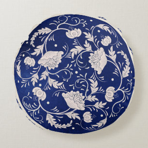 Chinese Floral Round: Blue Watercolor Vintage Round Cushion