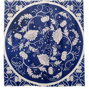 Chinese Floral Round: Blue Watercolor Vintage Shower Curtain