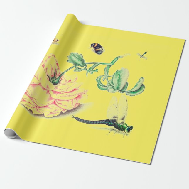 Chinese FLOWER WITH INSECTS YELLOW WRAPPING PAPER (Unrolled)