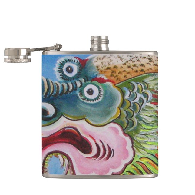 Chinese Foo Dog / Lion Guardian Mural Hip Flask (Opened)