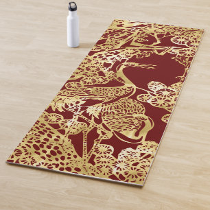 Chinese Gold Cranes Over Red Yoga Mat