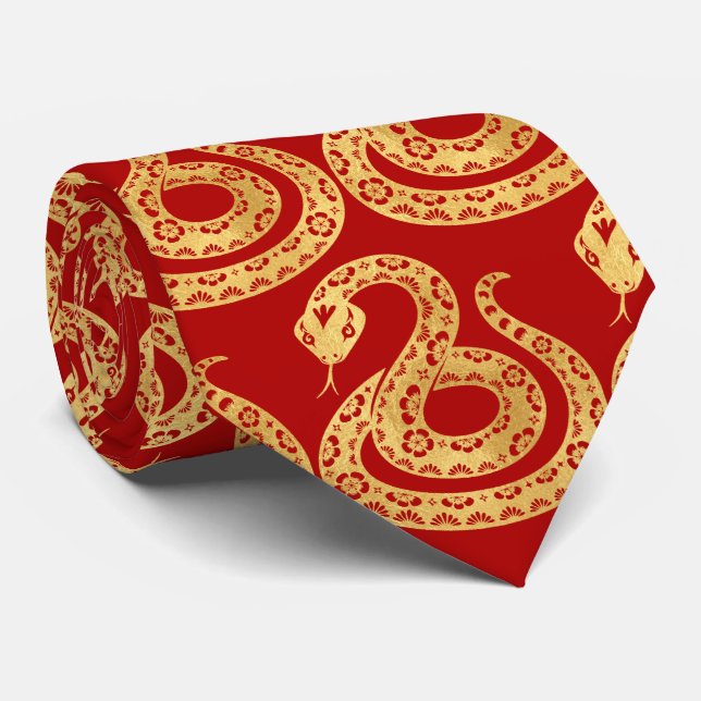 Chinese gold Snake paper-cut style red Tie (Rolled)