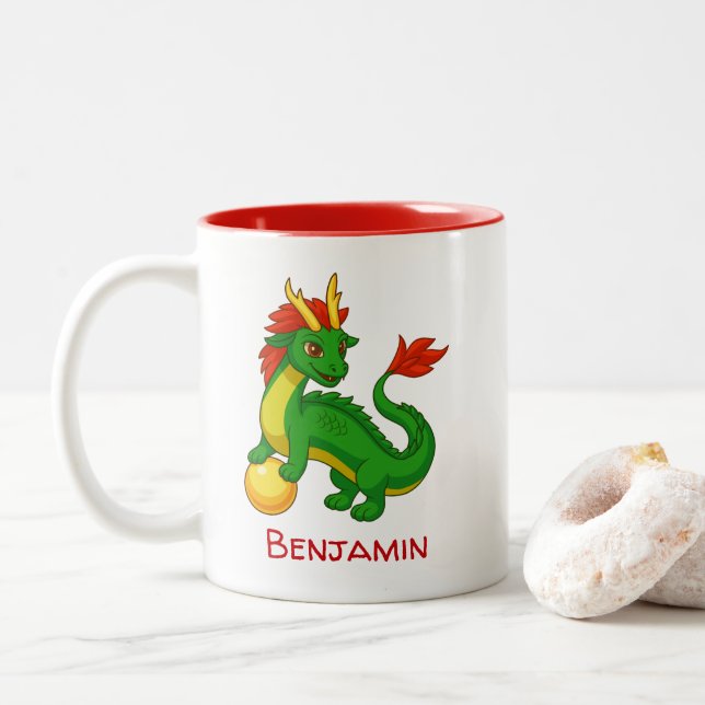 Chinese Green Dragon Custom Name Two-Tone Coffee Mug (With Donut)
