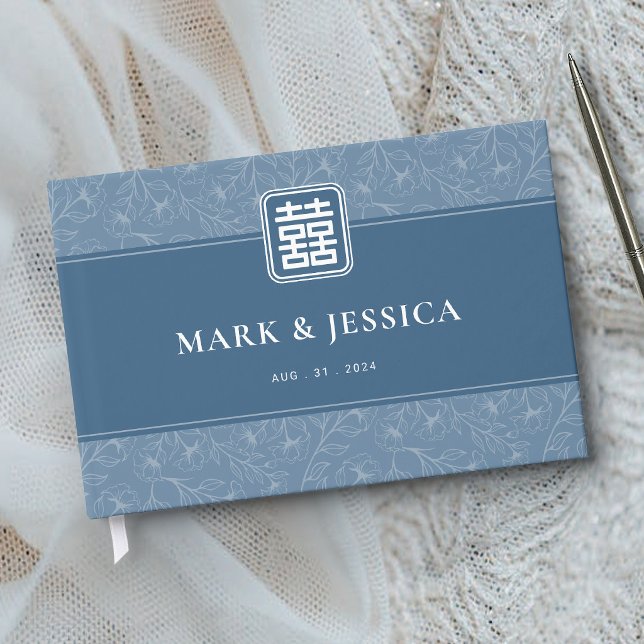 Chinese Greyish Blue Double Happiness Wedding Guest Book (Creator Uploaded)