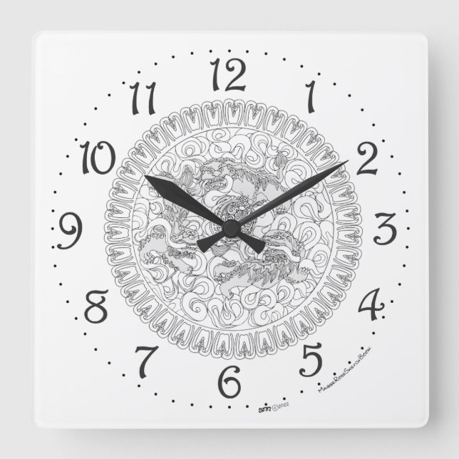 Chinese Guardian Lion Square Wall Clock (Front)