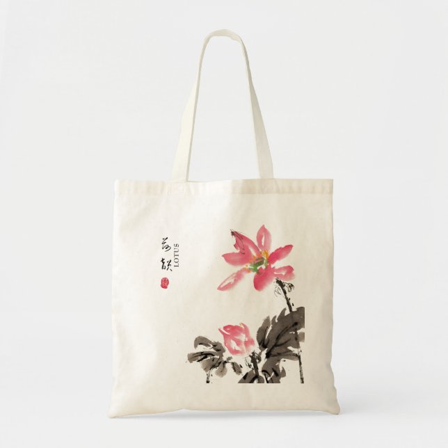 Chinese Hand painted Watercolor Floral Lotus Tote  (Front)