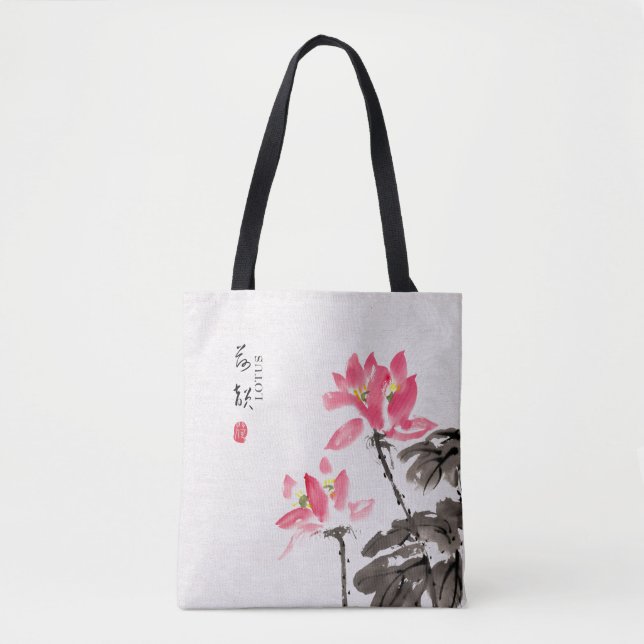 Chinese Hand painted Watercolor Floral Lotus Tote  (Front)