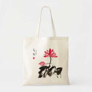 Chinese Hand painted Watercolor Floral Lotus  Tote Bag