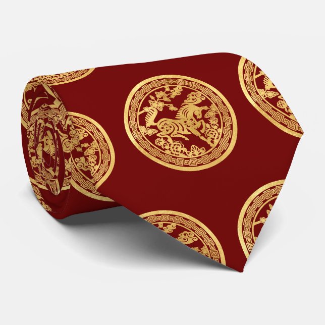 Chinese Horse gold paper-cut style red Tie (Rolled)