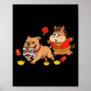 Chinese Horse Pitbull Funny Kids Mens Womens Happy Poster