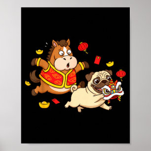 Chinese Horse Pug Funny Kids Mens Womens Happy New Poster
