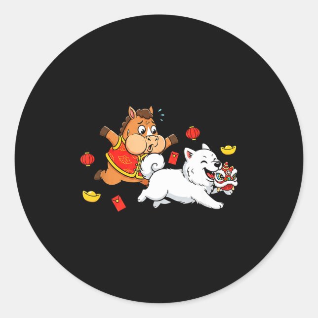 Chinese Horse Samoyed Funny Kids Mens Womens Happy Classic Round Sticker (Front)