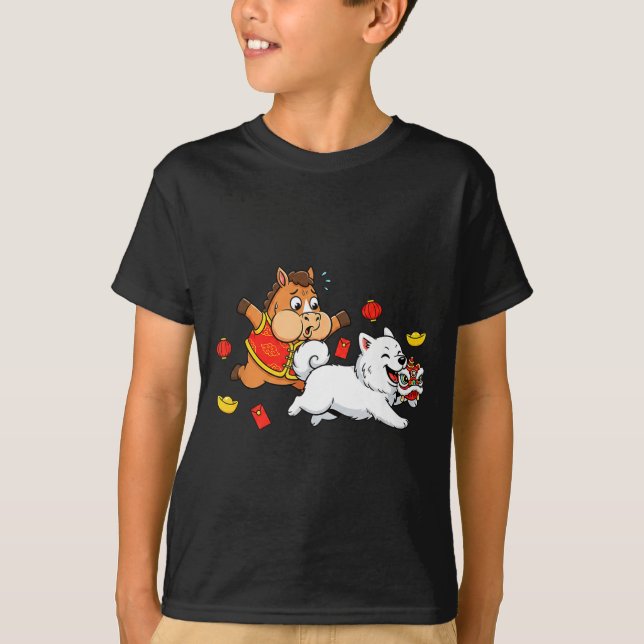 Chinese Horse Samoyed Funny Kids Mens Womens Happy T-Shirt (Front)