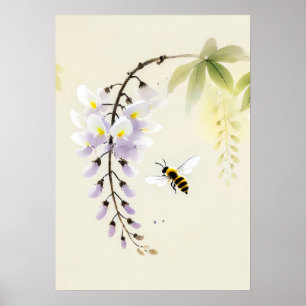 Chinese Ink Bee on Wisteria Poster