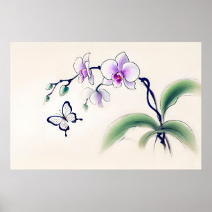 Chinese Ink Butterfly on Orchid Poster
