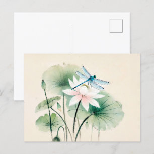 Chinese Ink Dragonfly on Lotus Postcard