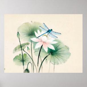 Chinese Ink Dragonfly on Lotus Poster