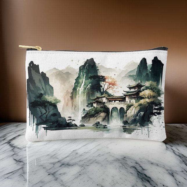 Chinese Ink Landscape Mountain Home Small Accessory Pouch (Add a touch of Asia to your everyday with this ink pouch: mountains, architecture, waterfalls.)