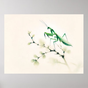 Chinese Ink Mantis on Ginkgo Poster