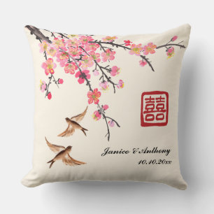Chinese ink painting floral bird wedding cushion