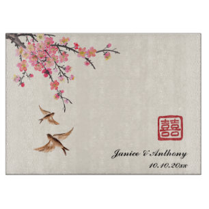Chinese ink painting floral bird wedding cutting board