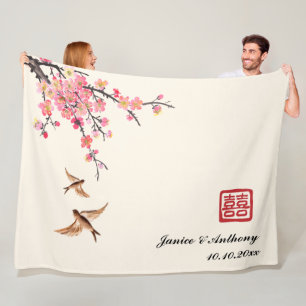 Chinese ink painting floral bird wedding fleece blanket