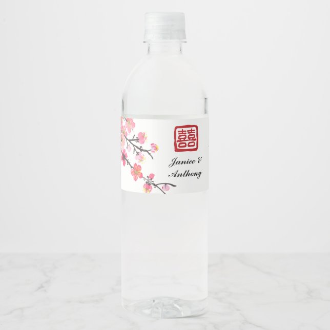 Chinese ink painting floral bird wedding  water bottle label (Front)