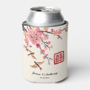 Chinese ink painting flower bird wedding can cooler