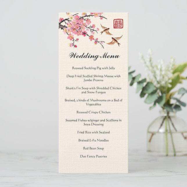 Chinese ink painting flowers and birds wedding  menu (Standing Front)