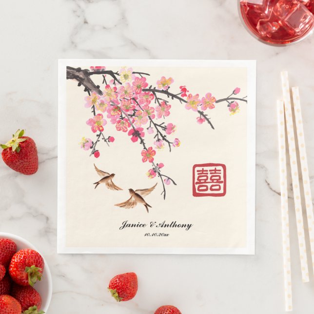 Chinese Ink painting flowers and birds wedding Napkin (Insitu)